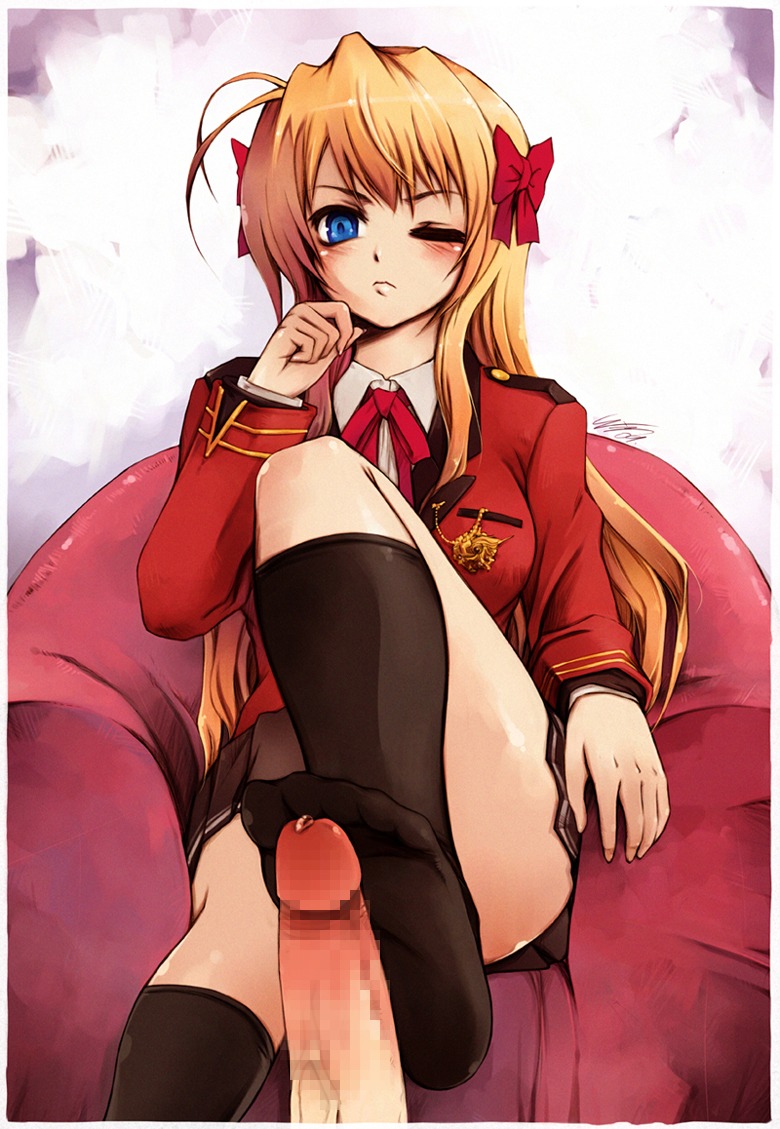 blue_eyes blush censored clothed_female feet female footjob footjob_with_legwear footwear fortune_arterial kneehighs looking_at_viewer male male_pov messiah_cage penis pov pov_feet precum rule34 school_uniform sendou_erika sheer_legwear skirt socks soles wink