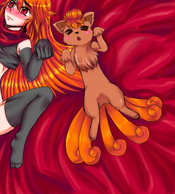 2009 ambiguous_gender archived_source bed blush brown_body brown_eyes brown_fur canid canine chest_tuft clothing duo e621 feet female feral fur furniture generation_1_pokemon gloves hair handwear hindpaw human japanese_description kitsune_tsuki_boomerang legwear lying male_(lore) mammal multi_tail nintendo on_back partially_translated paws pokemon pokemon_(species) pupils red_background red_eyes red_hair simple_background slit_pupils spread_legs spreading stockings tail text translated_description translation_check translation_request tuft vulpix