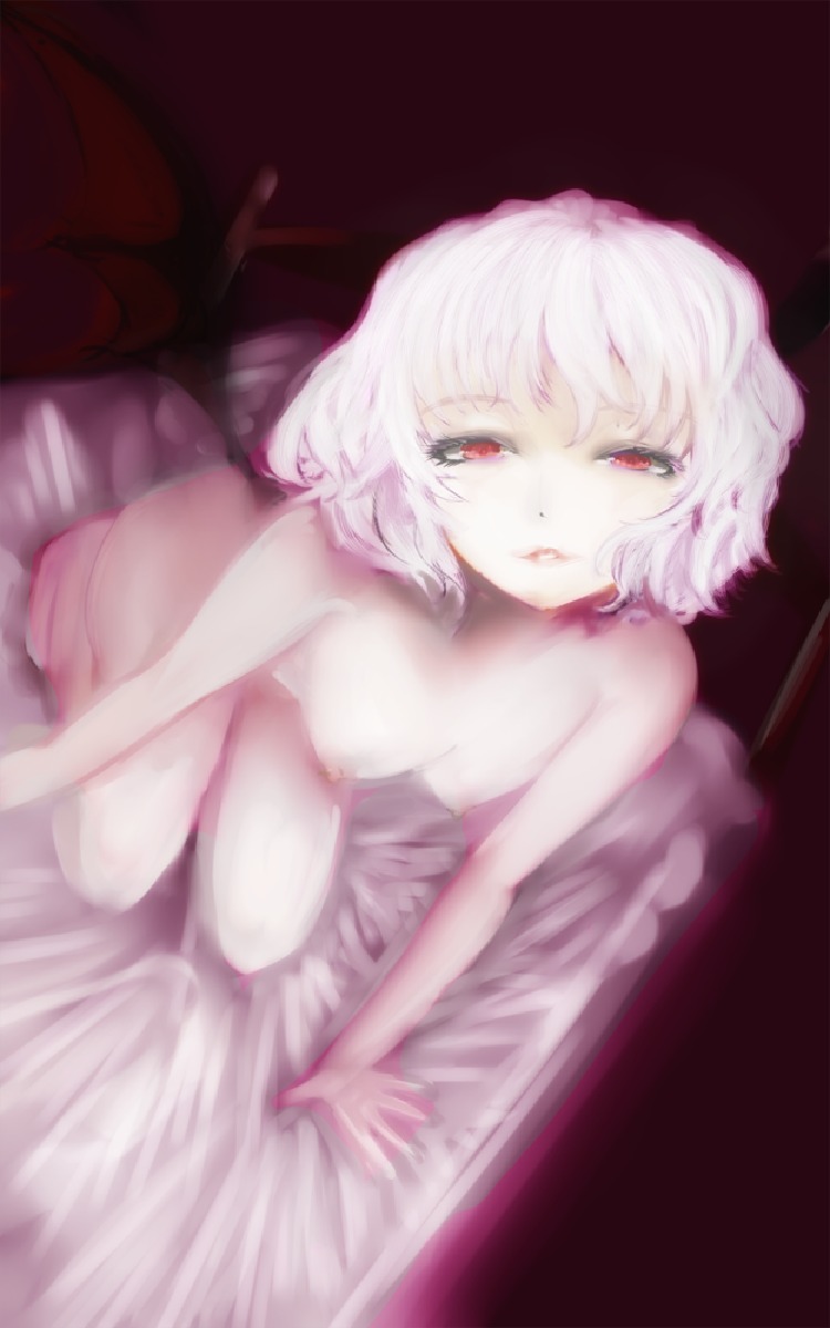 1girls amii bed breasts female kneeling nipples nude red_eyes remilia_scarlet rule34 solo touhou white_hair