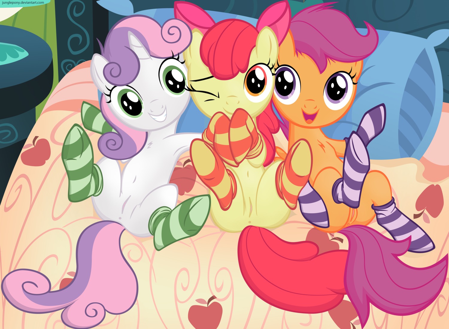 anus apple_bloom_(mlp) bed clothing cutie_mark_crusaders_(mlp) e621 earth_pony equid equine feathered_wings feathers female feral footwear friendship_is_magic furniture genitals group hair hasbro hi_res horn horse junglepony legwear lying mammal my_little_pony mythological_creature mythological_equine mythology nude on_back one_eye_closed orange_body orange_feathers pegasus pillow pony scootaloo_(mlp) socks spread_legs spreading sweetie_belle_(mlp) tail third-party_edit unicorn vulva wings wink young young_feral