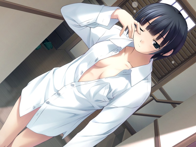 black_eyes black_hair bottomless female hashimoto_takashi ichinose_mio open_clothes open_shirt rule34 shirt short_hair sleepy solo white_breath white_shirt wink