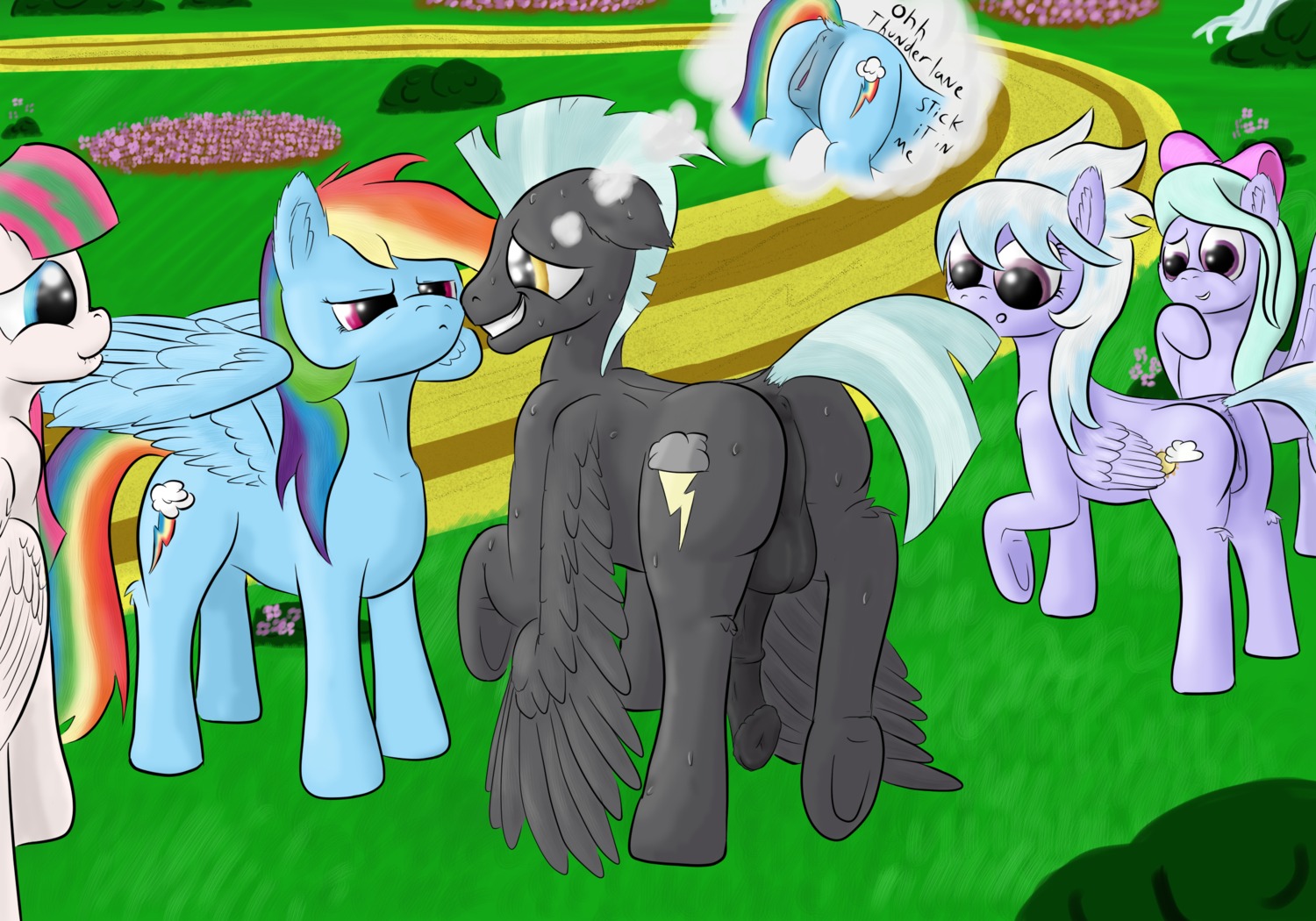 2013 accessory animal_genitalia animal_penis anus balls black_hair blossomforth_(mlp) blue_body blue_eyes blue_feathers blue_fur bodily_fluids bow_(feature) bow_accessory bow_ribbon centered_hair_bow cloud_chaser_(mlp) cutie_mark e621 english_text equid equine equine_genitalia equine_penis eye_contact feathered_wings feathers female feral flaccid flitter_(mlp) friendship_is_magic fur genitals group hair hair_accessory hair_bow hair_ribbon hasbro hi_res looking_at_another male mammal multicolored_hair my_little_pony mythological_creature mythological_equine mythology outside pegasus penis purple_body purple_eyes purple_fur rainbow_dash_(mlp) rainbow_hair ribbons sweat text thunderlane_(mlp) vulva wings xanthor yellow_eyes