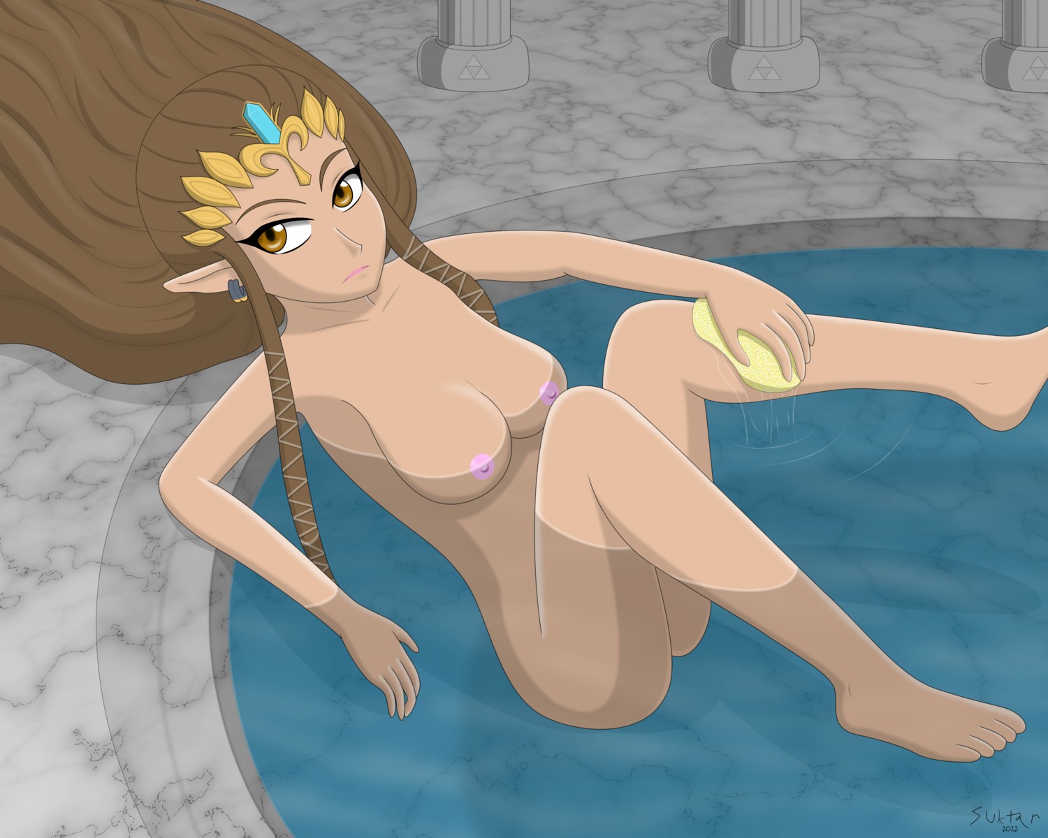 barefoot bath breasts brown_eyes brown_hair earrings feet female long_hair nintendo nipples nude pointy_ears princess_zelda rule34 sitting solo suktar the_legend_of_zelda twilight_princess water zelda_(twilight_princess)