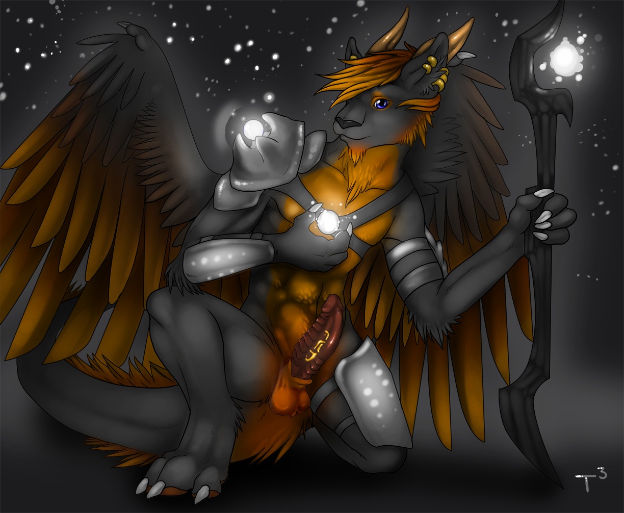 anthro armor balls biped black_body black_fur blue_eyes brown_hair claws conditional_dnp digitigrade dragon e621 ear_piercing erection feathered_dragon feathered_scalie feathered_wings feathers feet fur furred_dragon furred_scalie genitals glowing glowing_markings hair hindpaw horn jewelry looking_at_viewer male markings melee_weapon mythological_creature mythological_scalie mythology northern_dragon nude orange_hair paws penis piercing polearm runes sandalf scalie simple_background solo spread_legs spreading staff star tail tojo_the_thief weapon wings yellow_horn