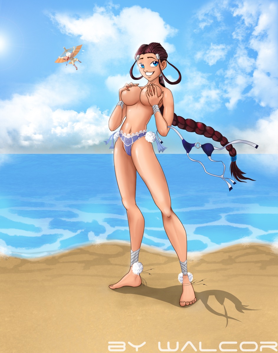 1boy 1girls aang air_nomad airbender_tattoo avatar_legends avatar_the_last_airbender beach breasts dark-skinned_female dark_skin day female female_focus human katara large_breasts male outdoors panties rule34 solo_focus standing straight_hair tan_skin the_avatar topless walcor water_tribe