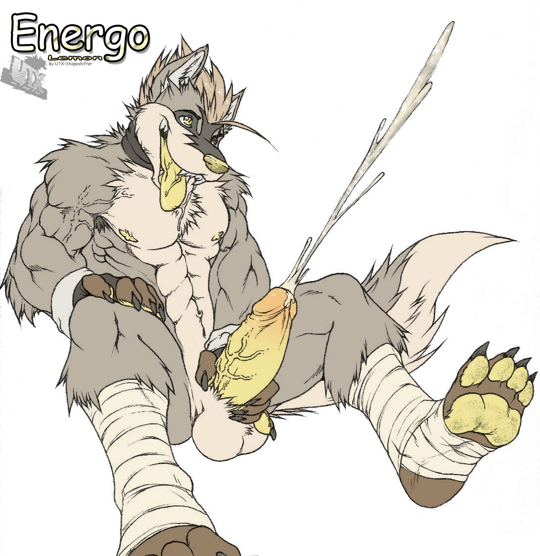 2012 4_toes 5_fingers abs anthro armpit_hair balls bandage biceps big_penis biped black_body black_fur bodily_fluids body_hair brown_body brown_fur brown_hair canid canine canis chest_tuft claws clothing cum cumshot e621 ejaculation erection fangs feet fingerless_gloves fingers flavored_cum fur genital_fluids genitals gloves grey_body grey_fur grin hair handwear humanoid_genitalia humanoid_penis male mammal masturbation mostly_nude muscular muscular_anthro muscular_male navel nipples nude open_mouth orgasm pawpads pecs penile penile_masturbation penis pose simple_background sitting smile solo teeth toe_claws toes tongue tongue_out tuft unusual_bodily_fluids unusual_cum unusual_genital_fluids utx-shapeshifter vein veiny_penis white_background wolf yellow_eyes yellow_nipples yellow_nose yellow_pawpads yellow_penis yellow_tongue