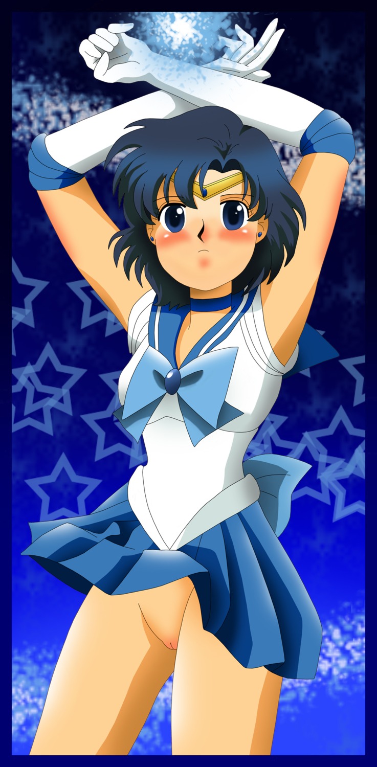 1girls ami_mizuno bishoujo_senshi_sailor_moon blue_eyes blue_hair blush breasts choker circlet clothing elbow_gloves female female_only gloves killzone667 miniskirt no_panties pussy rule34 sailor_mercury skirt small_breasts solo tagme
