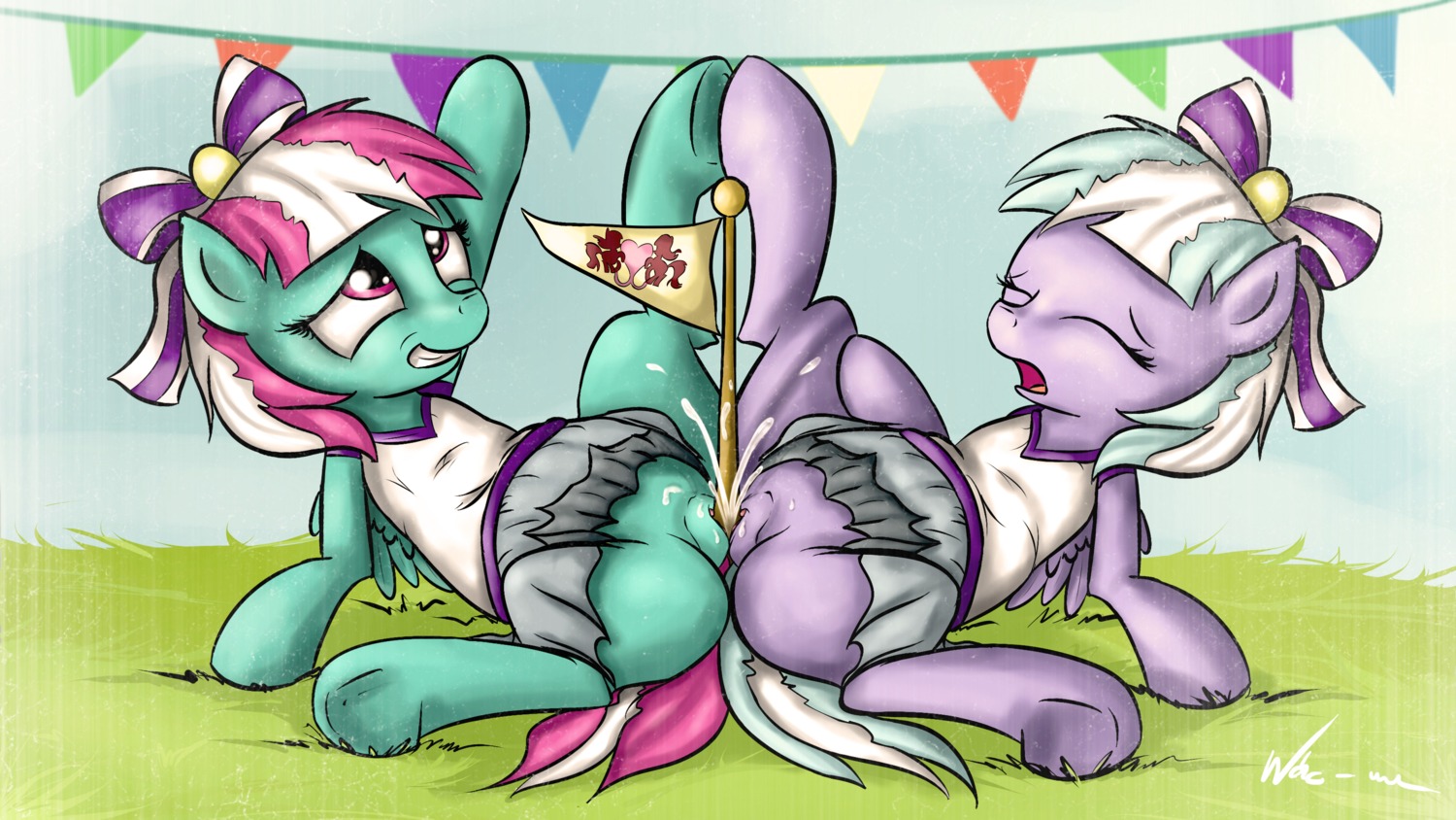 16:9 2014 4k absurd_res accessory bodily_fluids bow_(feature) bow_accessory bow_ribbon cheerleader duo e621 ejaculation equid equine eyes_closed feathered_wings feathers female female/female feral feral_on_feral fizzy_pop_(mlp) flag friendship_is_magic genital_fluids genitals hair hair_accessory hair_bow hair_ribbon hasbro hi_res lilac_sky_(mlp) mammal multicolored_hair my_little_pony mythological_creature mythological_equine mythology neko-me open_mouth orgasm outside pegasus ribbons sex spread_legs spreading tribadism two_tone_hair vaginal vaginal_fluids vaginal_squirting vulva widescreen wings