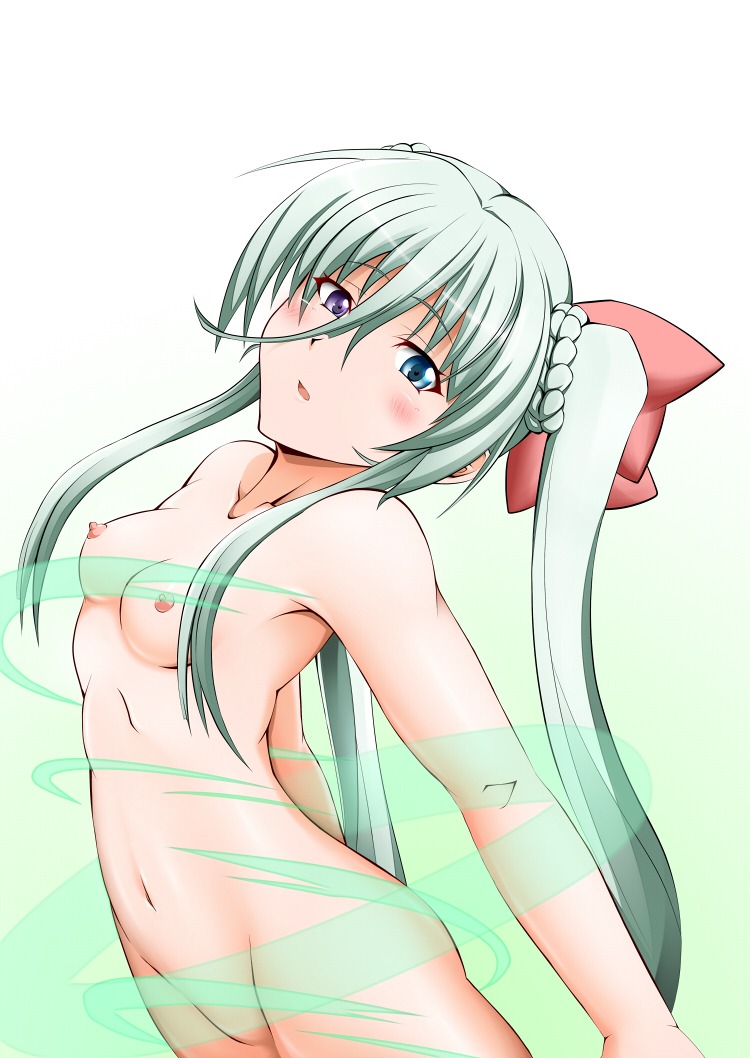 blue_eyes blush blushing blushing_at_viewer breasts color einhart_stratos female flat_chest green_hair heterochromia horny horny_female lyrical_nanoha mahou_shoujo_lyrical_nanoha_vivid medium_breasts nipples nude purple_eyes rule34 solo tied_hair twintails