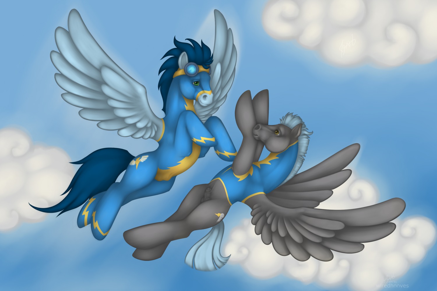 2013 3:2 amber_eyes animal_genitalia blue_body blue_fur blue_hair bottomless bulge clothed clothing cloud duo e621 equid equine eyewear feral flying friendship_is_magic fully_sheathed fur genitals goggles green_eyes grey_body grey_fur grey_hair hair hasbro hi_res horse male mammal my_little_pony outside penis penis_tip pony sheath sky skyscape soarin_(mlp) thunderlane_(mlp) tight_clothing wiredhooves wonderbolts_(mlp)