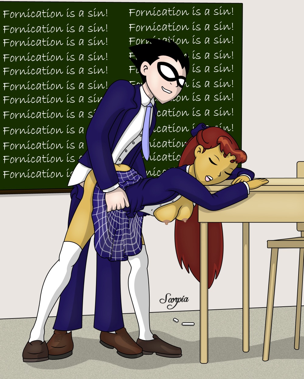 1boy 1girls alien alien_girl alien_humanoid anal anal_penetration anal_sex bent_over bent_over_table breasts breasts_exposed breasts_out cartoon_network clothed_sex dc dc_comics dick_grayson doggy_style domino_mask female female/male female_penetrated human koriand'r long_hair male nipples orange_skin partially_clothed red_hair redhead robin_(dc) robin_(dick_grayson) rule34 school_uniform schoolgirl scorpia shoes socks socks_and_shoes spiked_hair starfire straight straight_hair superhero superheroine tamaranean teen_titans thigh_socks thighhighs white_socks