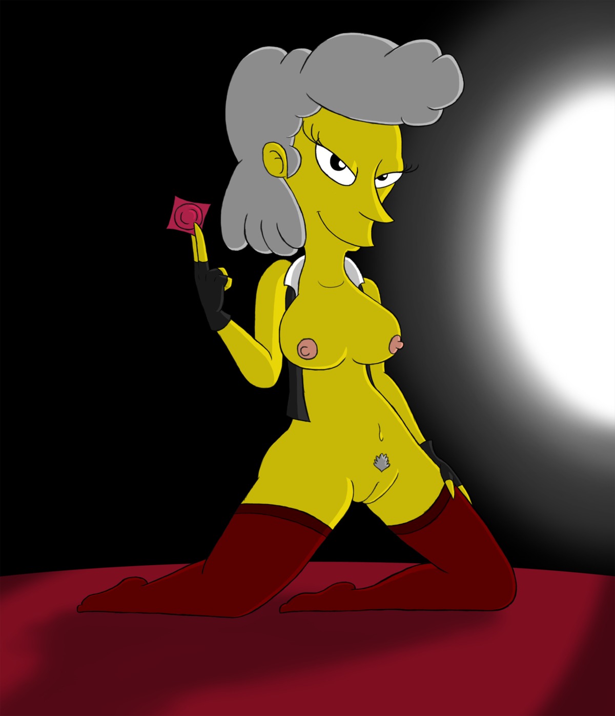 20th_century_studios accurate_art_style breasts closed_mouth clothes color condom female female_only fingerless_gloves gloves grey_hair hair hand_on_leg helen_lovejoy holding human kneeling nipples pink_nipples pubic_hair pussy round_ears rule34 smile solo tagme the_simpsons timoteihiv yellow_body yellow_skin