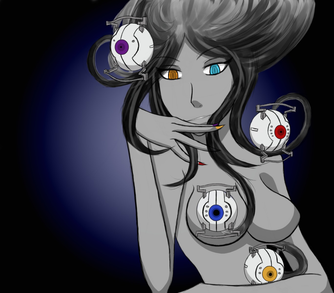 1girls 2d anger_core black_hair breasts curiosity_core female female_only glados glados_(human) glados_(humanoid) grey_hair grey_skin heterochromia humanized intelligence_core morality_core multicolored_nails nail_polish no_nipples nude portal_(series) rule34 tagme