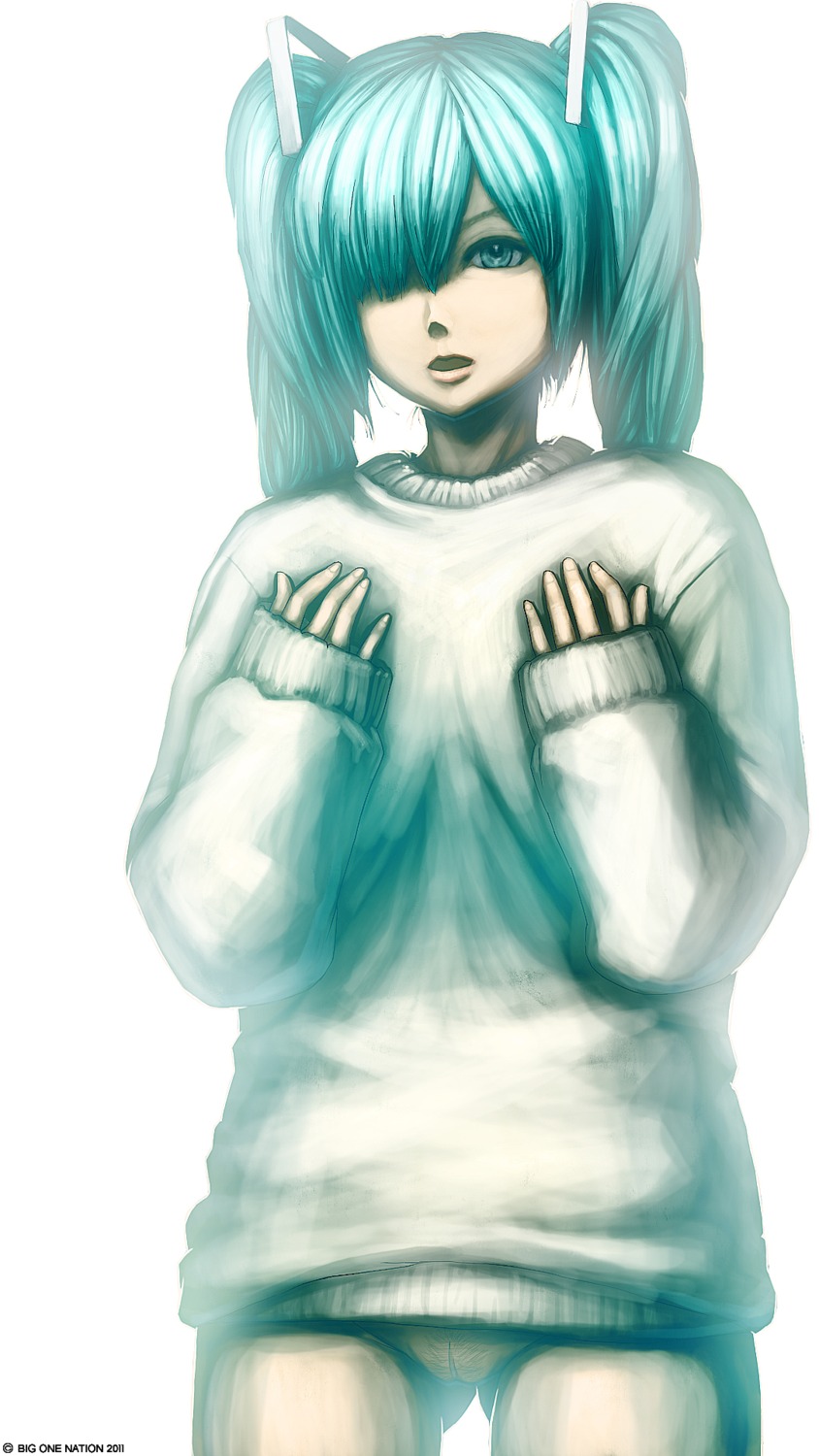 1girl aqua_eyes aqua_hair bottomless color female female_pubic_hair hair_over_one_eye hatsune_miku highres long_hair naked_sweater no_panties pubic_hair pussy raichi rule34 solo sweater tied_hair twintails vocaloid