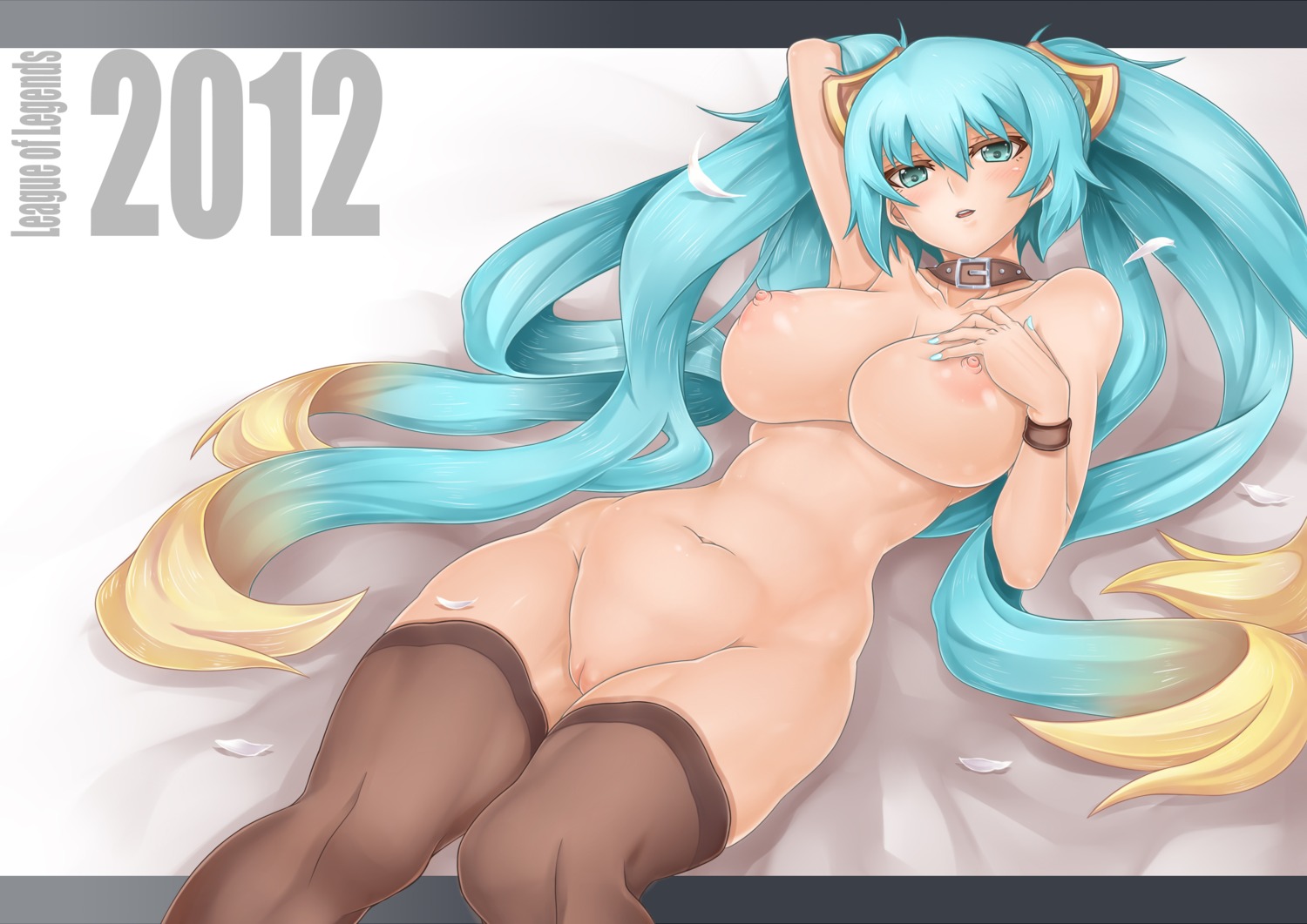 1girls aqua_eyes aqua_hair blonde_hair blue_hair breasts collar female gradient_hair hand_behind_head high_resolution large_breasts league_of_legends long_hair lying multicolored_hair nail_polish nipples nude on_back oni-noboru puffy_nipples pussy rule34 solo sona_buvelle thighhighs tied_hair twintails uncensored very_long_hair