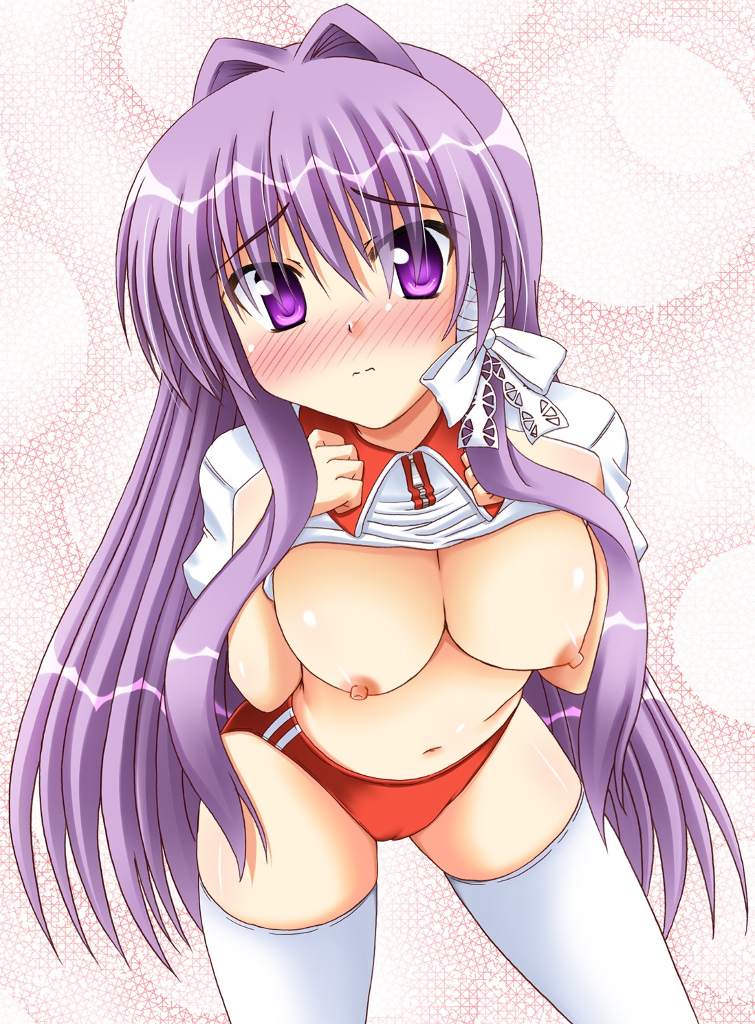 1girls bow breasts buruma clannad clothing female fujibayashi_kyou gym_uniform highres kyou_fujibayashi large_breasts lask nipples pointy_chin rule34 shirt shirt_lift solo stockings thighhighs
