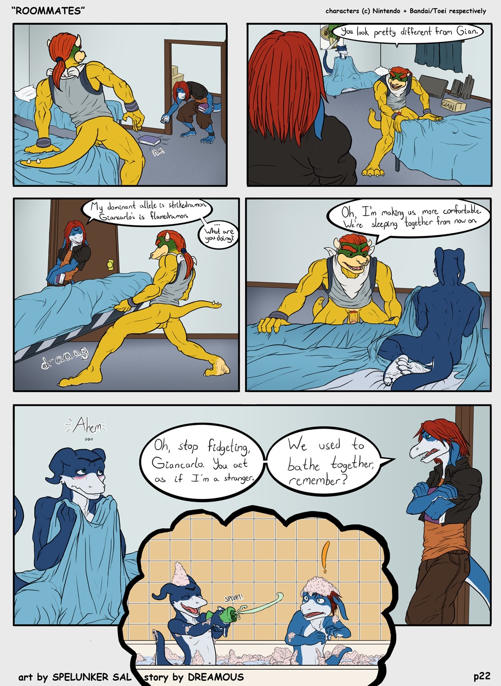 anthro bandai bath bowser_koopa_junior_(roommates) comic cub digimon dreamous_(writer) flaccid flamedramon flashback furry furry_only gay giancarlo_rosato hi_res horn humanoid_genitalia humanoid_penis koopa male male_cub male_only mario_(series) muscles nintendo nude penis roommates_(comic) rule34 scalie simple_background spelunker_sal straight_hair water young
