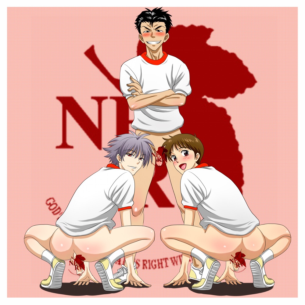 3boys ass backsack balls ballsack black_hair blush bottomless brown_hair censored clothing crossed_arms evil_grin flaccid foreskin gay grey_eyes kaworu_nagisa male male_only mouth_open neon_genesis_evangelion pants_removed pastel_background penis penis_size_difference pink_background presenting_ass red_eyes retracted_foreskin rule34 shinji_ikari socks_and_shoes spread_legs squat squatting tagme taint testicles toji_suzuhara uncircumcised uncut upside-down_(artist) yaoi