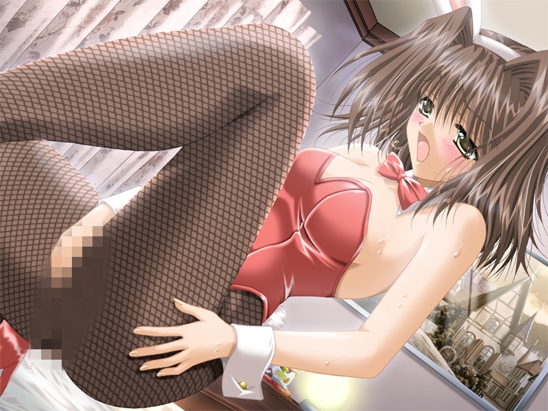 animal_ear blush brown_hair bunny_ear bunnysuit censored clothed_masturbation clothing darling female fishnet_legwear fishnet_pantyhose fishnets game_cg irie_kozue legwear masturbation open_mouth pantyhose pussy pussy_juice request rule34 solo source sweat wrist_cuffs