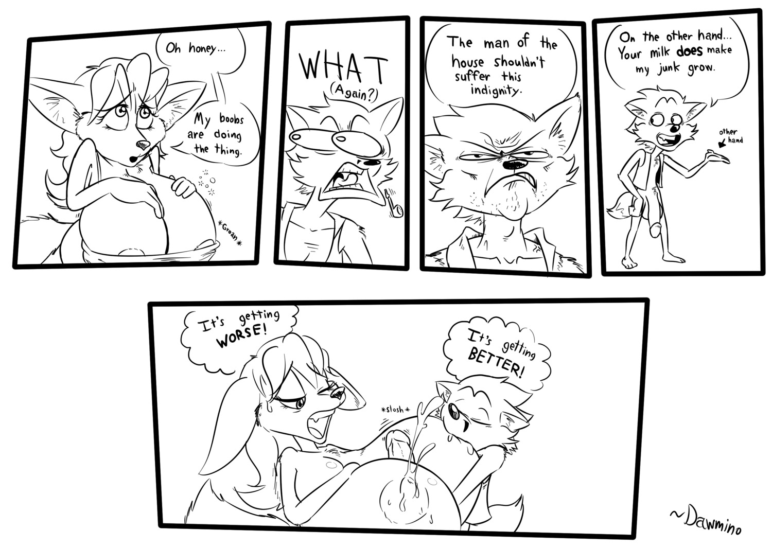 anthro balls big_balls big_breasts big_penis bodily_fluids breast_expansion breasts canid canine churning clothing comic dawmino dialogue digital_drawing_(artwork) digital_media_(artwork) duo e621 english_text erection expansion female fox genital_expansion genitals hair hi_res huge_breasts huge_penis humor hyper hyper_breasts hyper_genitalia hyper_penis lactating male mammal married milk monochrome nipples open_mouth penis penis_expansion simple_background text