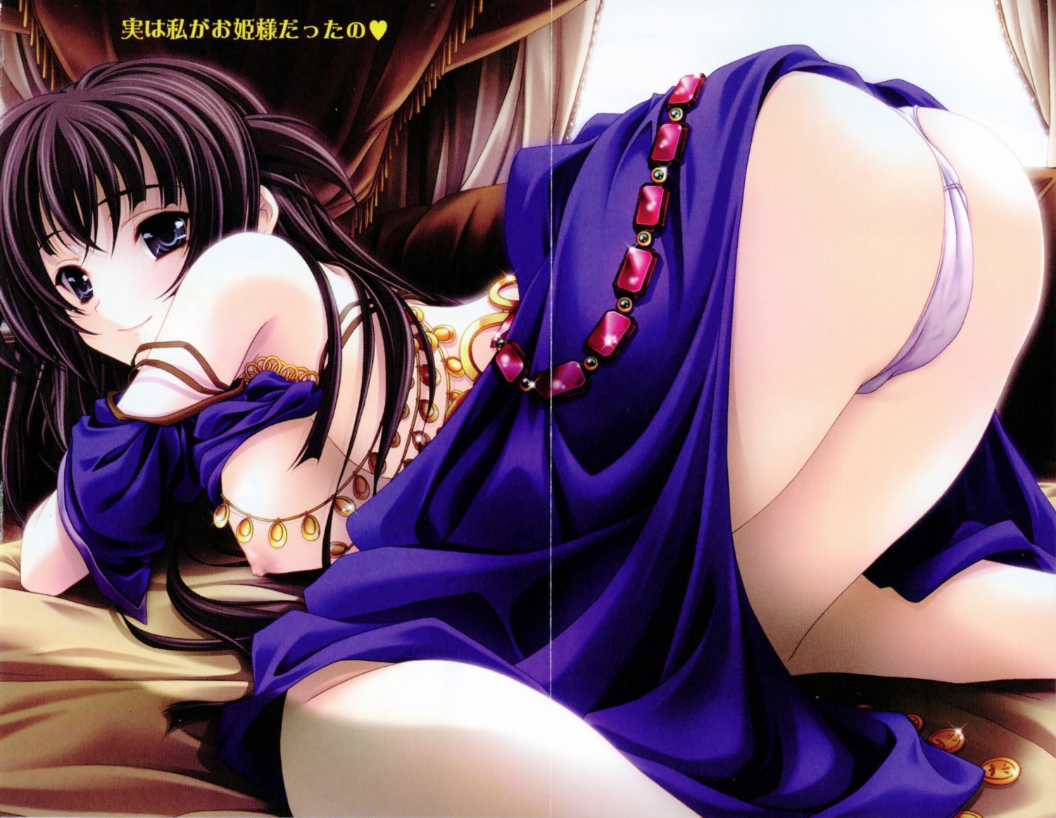 ass bent_over black_hair blue_eyes breasts crease female gypsy highres jewelry long_hair looking_back miyama-zero nipples original panties rule34 smile straight_hair underwear white_panties