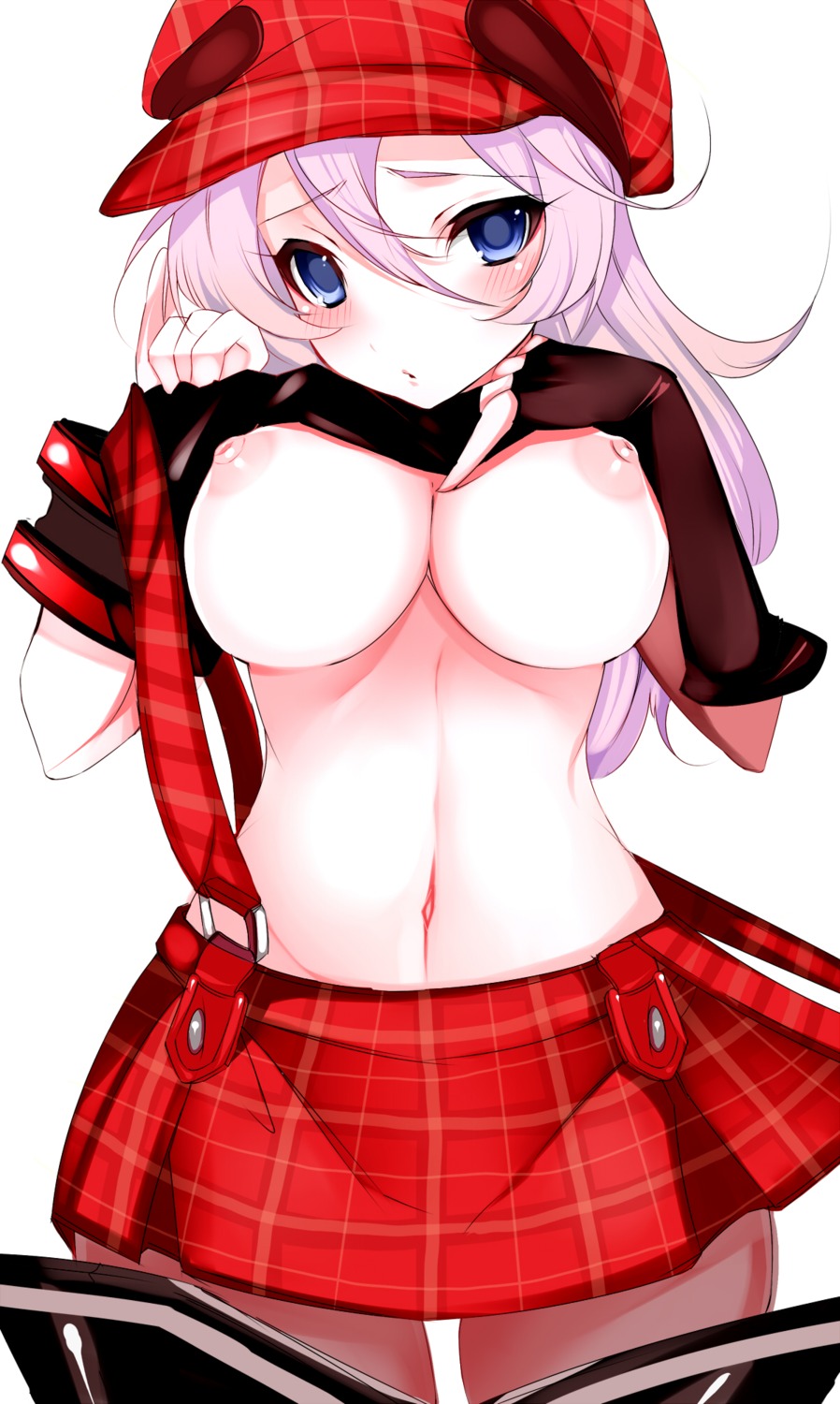 1girls alisa_ilinichina_amiella arisa_iriinchina_amieera blue_eyes blush breasts cabbie_hat female god_eater god_eater_burst hat highres large_breasts lavender_hair navel nipples pantyhose perky_breasts plaid pointy_chin rule34 shirt_lift skirt solo tartan tetsubuta