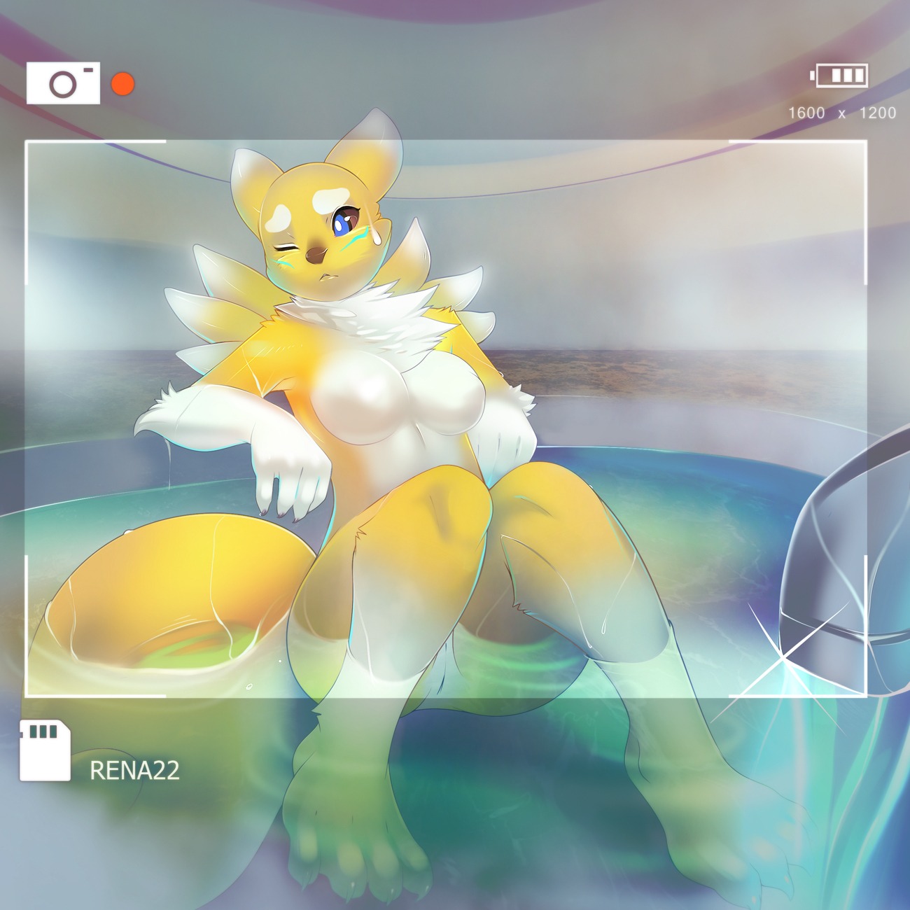 1:1 4_toes alternate_color anthro bandai_namco biped blue_eyes bodily_fluids breasts camera_view canid canine claws countershading digimon digimon_(species) digital_media_(artwork) e621 feet female fur genitals hi_res hindpaw humanoid_genitalia humanoid_vulva mammal naturally_censored nipple_tuft nude one_eye_closed paws recording renamon shaded solo sweat tail toe_claws toes tsampikos tuft vulva water wet white_body white_fur yellow_body yellow_fur