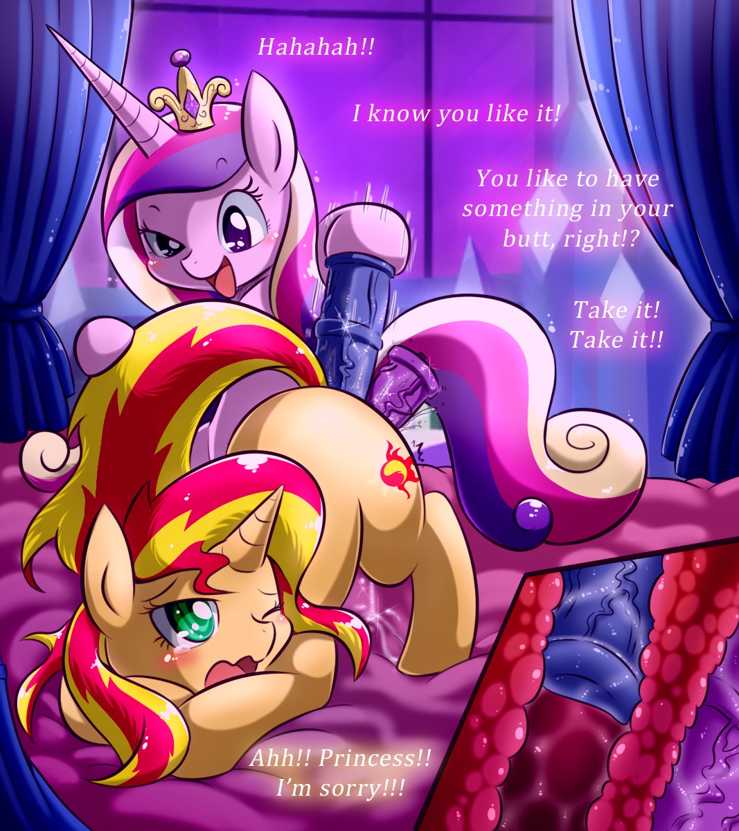 2014 anal anal_canal anal_penetration ass_up bed blonde_hair blush bodily_fluids crying cutaway cutie_mark dialogue digital_media_(artwork) dildo double_penetration duo e621 english_text equestria_girls equid equine eyebrows female female/female feral friendship_is_magic fur furniture green_eyes hair hasbro hi_res horn internal lube mammal multicolored_hair my_little_pony mythological_creature mythological_equine mythology one_eye_closed open_mouth penetration pink_body pink_fur princess_cadance_(mlp) purple_eyes raised_eyebrow raised_tail red_hair sex sex_toy smile sunset_shimmer_(eg) tail tears text thrusting toying_partner two_tone_hair unicorn vaginal vaginal_canal vavacung wavy_mouth yellow_body yellow_fur