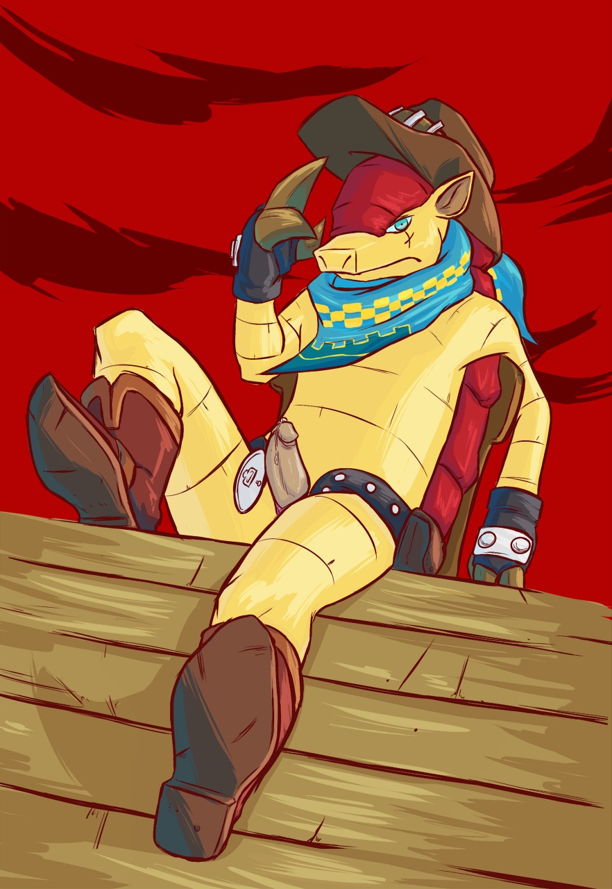 2014 anthro armadillo ascot belt biped bodily_fluids boots clothing cum cum_on_penis delicatessen digital_media_(artwork) dillon's_rolling_western dillon_(dillon's_rolling_western) e621 erection footwear genital_fluids genitals half-closed_eyes hat headgear headwear hi_res looking_at_viewer male mammal mostly_nude narrowed_eyes nintendo penis precum raised_arm shoes sitting solo spread_legs spreading xenarthran