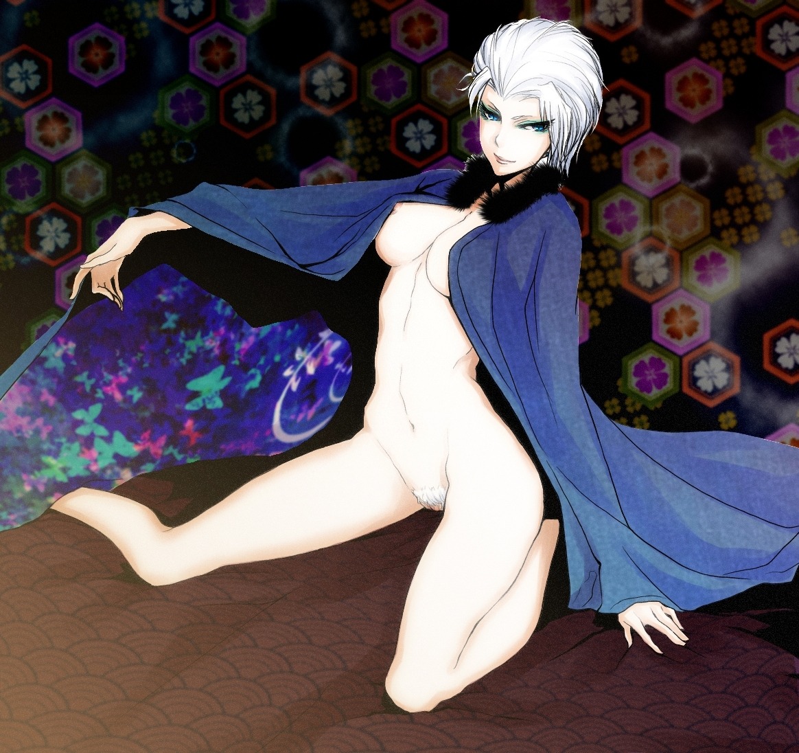 1girls 2d breasts devil_may_cry devil_may_cry_(series) devil_may_cry_3 edowd eyeshadow female female_only female_pubic_hair green_eyes hair makeup midriff nipple_slip nipples pubic_hair pussy robe rule34 rule_63 short_hair silver_hair sitting solo solo_female vergil_(devil_may_cry)