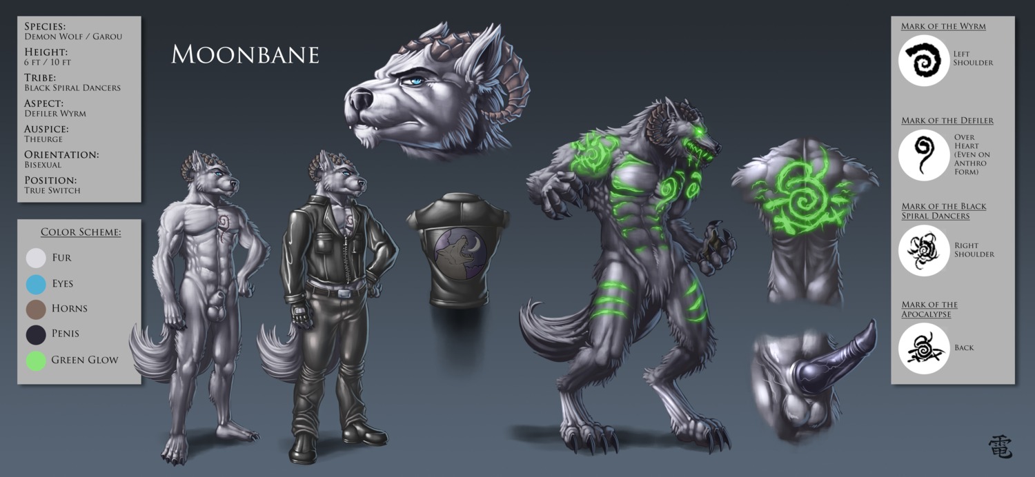 balls black_spiral_dancer demon_wolf garou horn inert-ren knot leather male model_sheet moonbane penis perineum rule34 scar