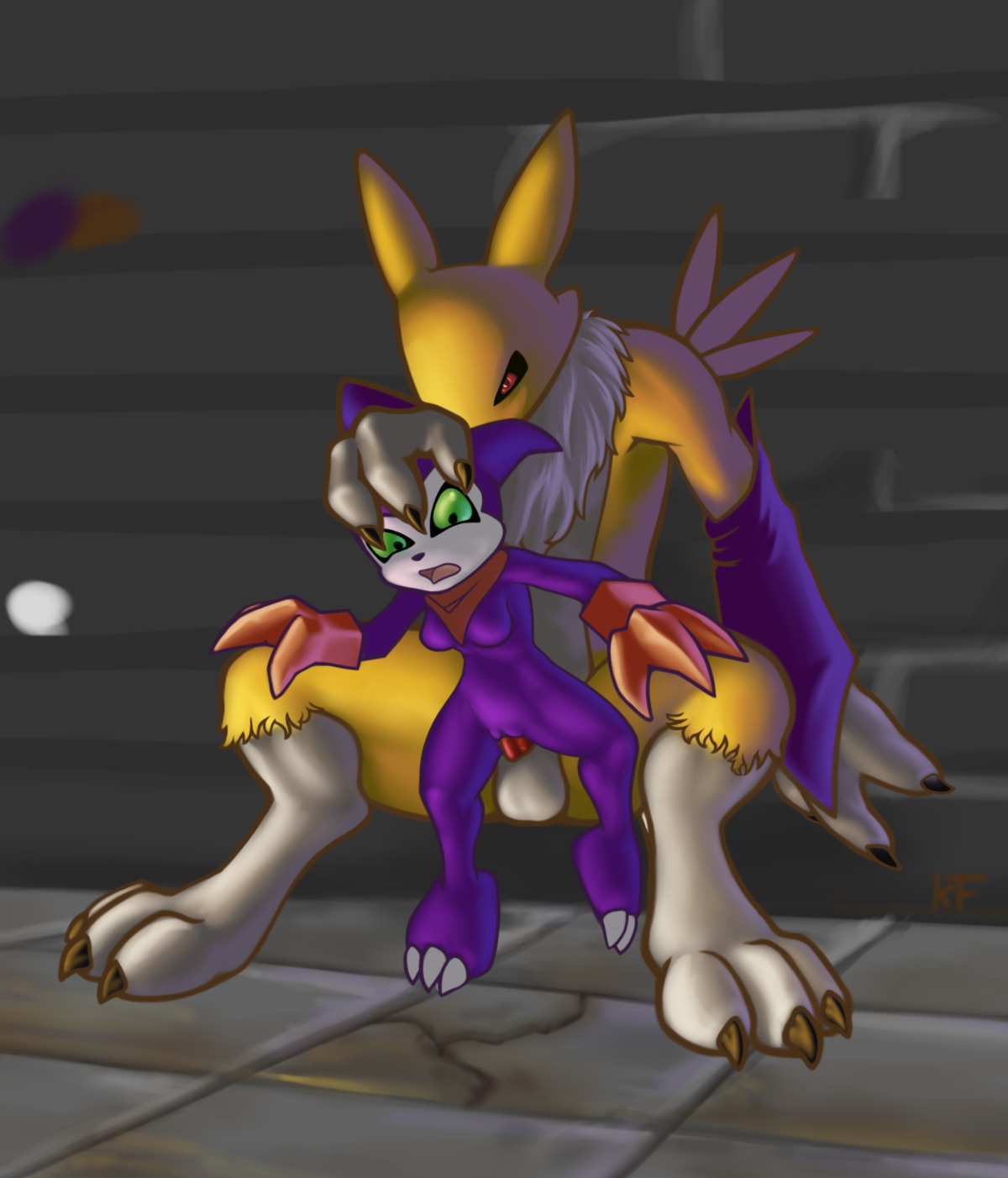 1boy 1girls animal_penis anthro balls ballsack body_fur breasts canine claws color demon digimon digimon_(species) erection exposed_breasts female fox front_view furry genderswap imp impmon interspecies male penis penis_in_vagina pussy renamon rule34 rule_63 scrotum sex smooth_penis straight testicles toony vaginal_penetration vulva