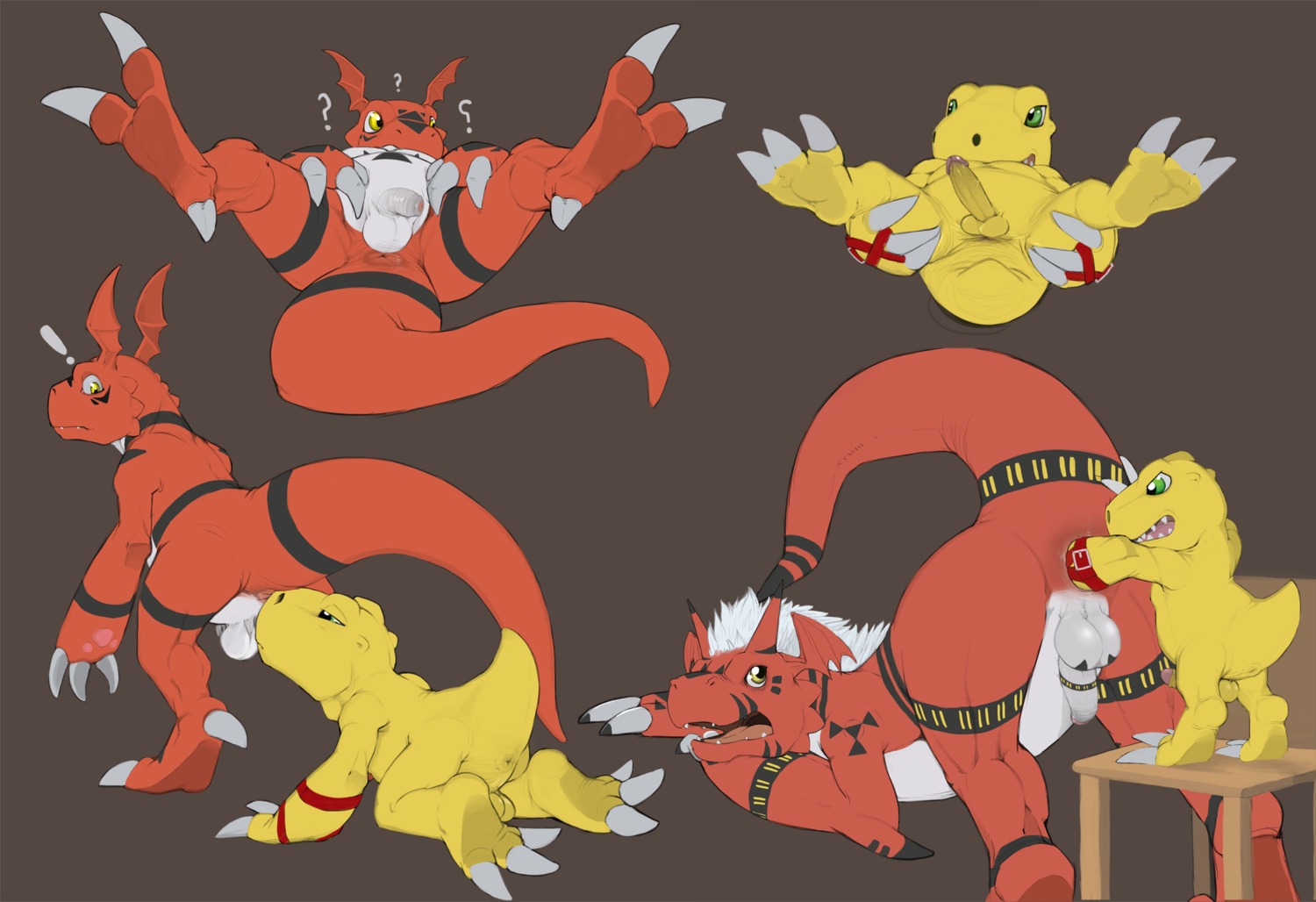 2013 2_toes 3_toes agumon anal anal_fisting anal_penetration anus backsack balls bandai_namco biceps butt butt_sniffing claws confusion digimon digimon_(species) digital_hazard dinosaur duo e621 erection exclamation_point fangs feet fisting flaccid foreskin genitals green_eyes growlmon guilmon hair hi_res horn humanoid_genitalia humanoid_penis inverted_zero_unit larger_sub looking_back lying male male/male male_penetrated male_penetrating male_penetrating_male markings muscular musk narse nose_to_anus on_back open_mouth oral penetration penis prehistoric_species presenting presenting_hindquarters question_mark red_body red_skin reptile saurischian scalie sex simple_background size_difference sniffing spread_legs spreading submissive symbol tail tailbutt teeth theropod toes yellow_body yellow_eyes yellow_skin zero_unit