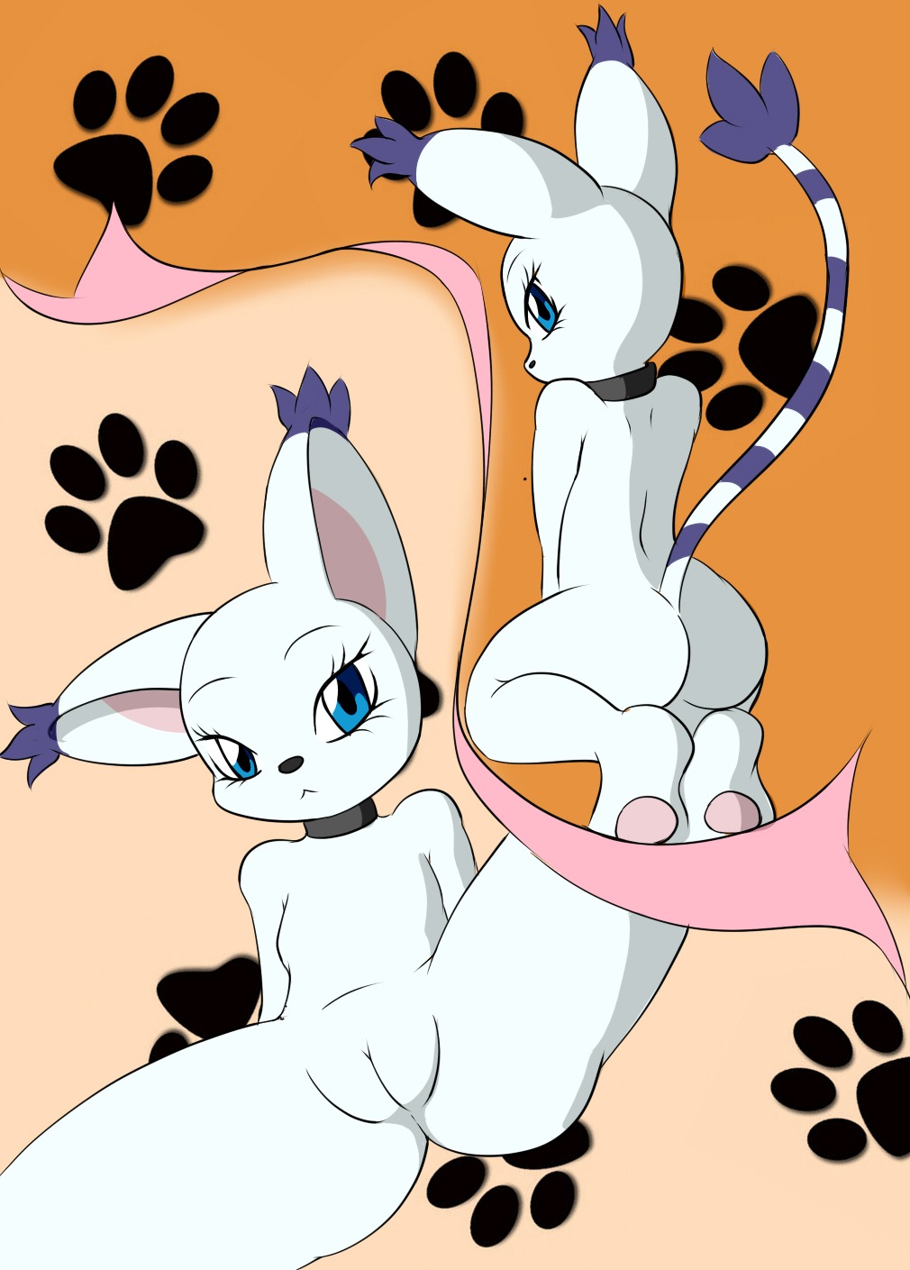 anthro bandai_namco biped butt collar digimon digimon_(species) e621 ear_tuft felid female fur gatomon genitals hi_res innie_vulva killy00 kneeling looking_at_viewer lying mammal on_back presenting raised_tail solo spread_legs spreading tail tuft vulva white_body white_fur