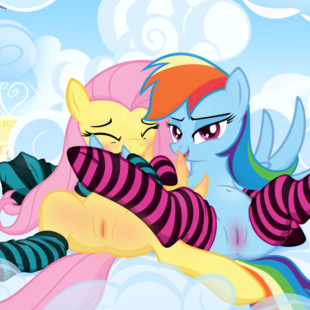 1:1 anus blue_body blue_feathers blue_fur blush bodily_fluids clothing cloud duo e621 equid equine eyes_closed feathered_wings feathers female feral fluttershy_(mlp) friendship_is_magic fur genitals hair hasbro hi_res junglepony legwear looking_at_viewer mammal multicolored_hair my_little_pony mythological_creature mythological_equine mythology pegasus presenting rainbow_dash_(mlp) rainbow_hair spread_legs spreading stockings sweat tail third-party_edit underwear vulva wings yellow_body yellow_feathers