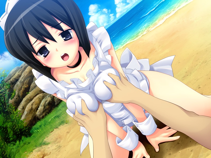 beach black_hair blush breast_grab breasts female game_cg kneeling large_breasts ocean open_mouth purple_eyes rule34 siesta_(zero_no_tsukaima) team-tanabe zero_no_tsukaima