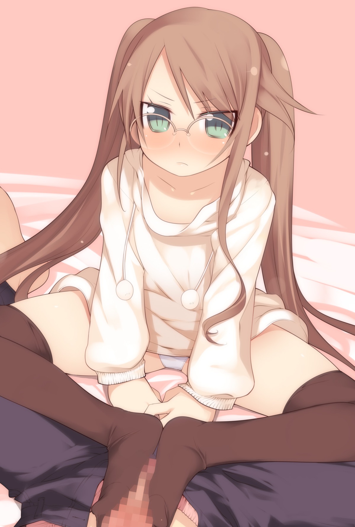 1boy 1girls angry arima_senka black_legwear black_thighhighs blush brown_hair censored clothed_female feet female flat_chest footjob footjob_with_legwear glasses highres human kashiwamochi_yomogi long_hair male male_pov mosaic_censoring original panties pantyshot pantyshot_(sitting) pantyshot_sitting penis pov rule34 sitting straight thighhighs tied_hair twintails underwear white_panties