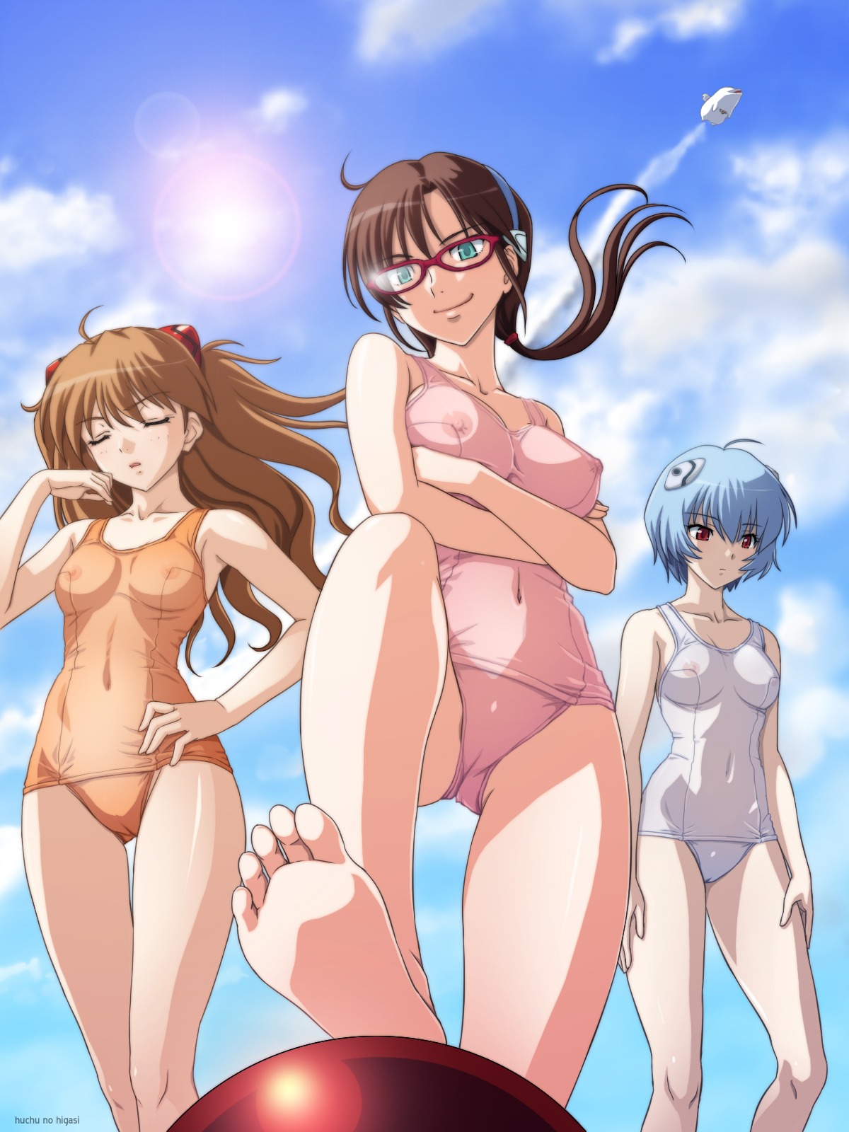 asuka_langley_sohryu breasts female glasses mari_illustrious_makinami medium_breasts neon_genesis_evangelion one-piece_swimsuit rebuild_of_evangelion rei_ayanami rule34 see-through see-through_swimsuit small_breasts swimsuit tagme