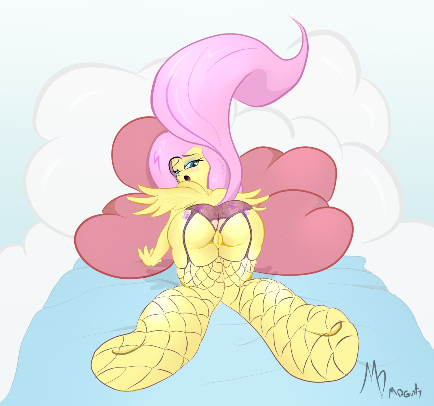 anthro bed blue_eyes blue_eyeshadow blush butt clothing cloud cutie_mark digital_media_(artwork) e621 equid equine eyeshadow feathered_wings feathers female fishnet_clothing fluttershy_(mlp) friendship_is_magic fur furniture genitals hair hasbro hi_res hooves legwear long_hair looking_at_viewer looking_back makeup mammal mdgusty my_little_pony mythological_creature mythological_equine mythology on_bed open_mouth panties pegasus pillow pink_hair presenting raised_tail rear_view solo stockings tail underwear vulva wings yellow_body yellow_feathers yellow_fur