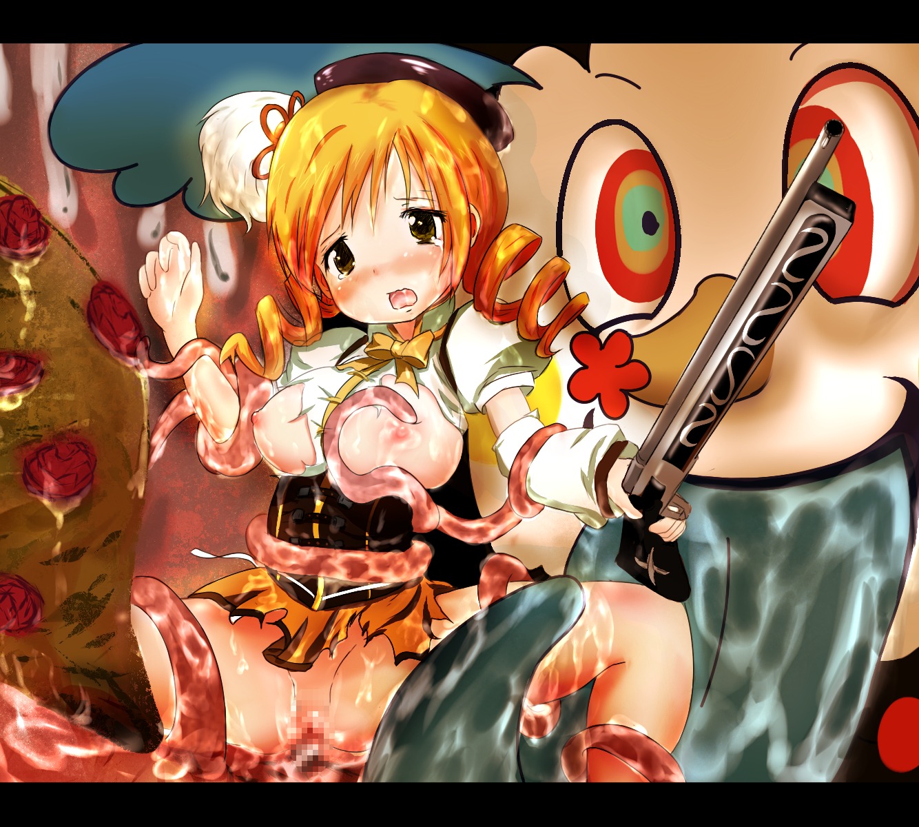 blush breasts censored charlotte_(madoka_magica) female gun highres large_breasts mahou_shoujo_madoka_magica nipples pussy rape rule34 tear tentacle tomoe_mami weapon