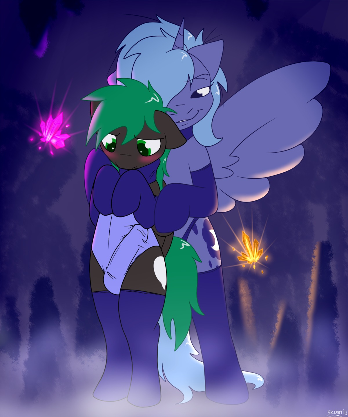 5:6 anthro black_body black_feathers blue_body blue_feathers blush bodysuit bulge clothed clothing collar conditional_dnp crystal detailed_bulge digital_media_(artwork) duo e621 equid equine erection erection_under_clothing feathered_wings feathers female femboy friendship_is_magic genital_outline genitals hair hasbro hi_res horn legwear male male/female mammal my_little_pony mythological_creature mythological_equine mythology pegasus penis penis_outline princess_luna_(mlp) skimpy skinsuit skoon stockings tail tight_clothing winged_unicorn wings