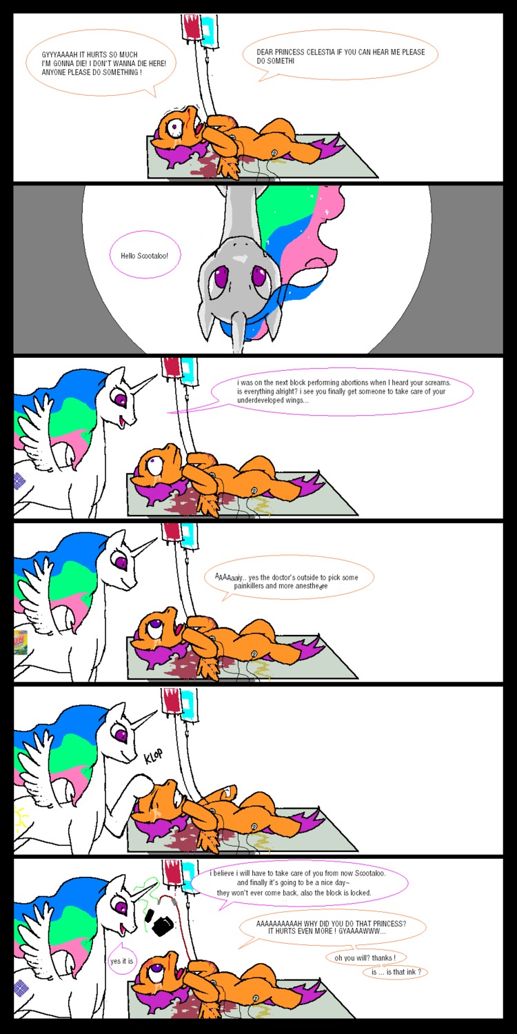 1:2 abuse begging blood bodily_fluids bruised comic crying darkdoomer dialogue digital_media_(artwork) duo e621 english_text equid equine feathered_wings feathers female feral friendship_is_magic genital_fluids greeting hasbro hi_res horn imminent_pain ink_(disambiguation) iv_bag mammal medical_instrument microsoft_paint_(artwork) motion_lines my_little_pony mythological_creature mythological_equine mythology nosebleed orange_body orange_feathers pain peeing pegasus princess princess_celestia_(mlp) quadruped royalty sadism scientific_instrument scootaloo_(mlp) smile sound_effects sun sun_microsystems_inc sun_products_corporation surgical_operation tail tears text torture urine what white_body white_feathers winged_unicorn wings wounded