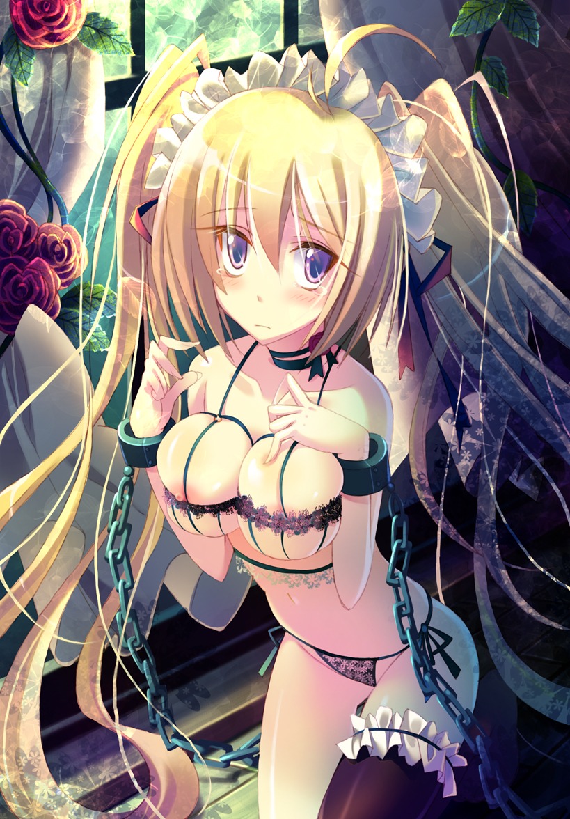 asymmetrical_clothes bare_shoulders blonde_hair blue_eyes blush breasts chains choker clothes cuffs female flower hair lingerie long_hair manacles nipple_slip nipples original rose rule34 single_thighhigh tears thighhighs tied_hair twintails underwear very_long_hair vines window yamadori_yoshitomo