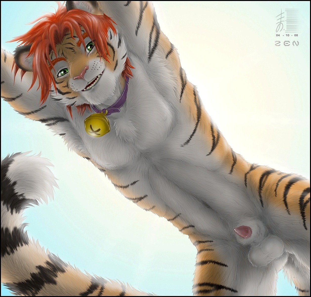 animal_genitalia animal_penis anthro balls bell biped chest_tuft collar countershading detailed detailed_fur e621 felid feline_genitalia feline_penis fluffy fur genitals green_eyes hair hi_res joshua_(zenthetiger) looking_at_viewer male mammal nude orange_body orange_fur orange_hair pantherine penis penis_tip sheath smile solo standing stripes tail tiger tuft zenthetiger