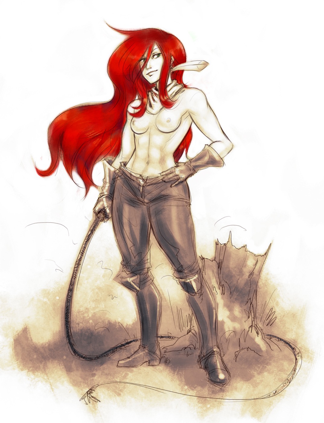 abs calamity_jane female gauntlets hand_on_hip jane_canary knee_boots long_hair neckerchief nipples psudonym red_hair rule34 shirtless sketch soft_shading solo tagme the_legend_of_calamity_jane topless topless_female unzipped_pants whip white_skin