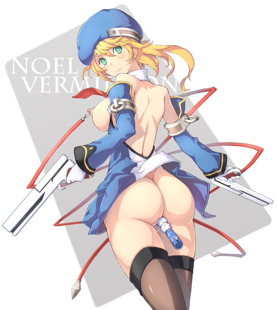 1girls anal_insertion ass beret blazblue blonde_hair bolverk breasts detached_sleeves dual_wielding female gloves green_eyes gun hat larasuke large_breasts looking_back nipple_piercing nipples noel_vermillion piercing rule34 short_hair solo tear thighhighs vibrator weapon