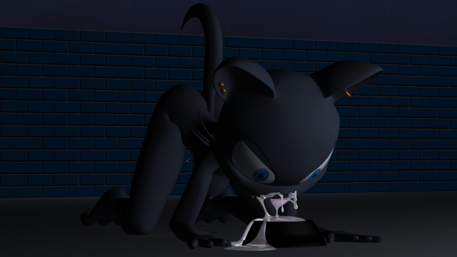 16:9 3d_(artwork) anthro black_body black_fur blue_eyes bodily_fluids bowl breasts container cum cum_in_bowl cum_in_container cum_in_mouth cum_inside cum_on_face cum_on_tongue cum_string destiny_(character) destiny_blackmoon digital_media_(artwork) domestic_cat drinking drinking_cum dripping e621 ear_piercing felid feline felis female fur genital_fluids hi_res mammal nipples nude piercing public solo tail tongue vaginal_fluids widescreen