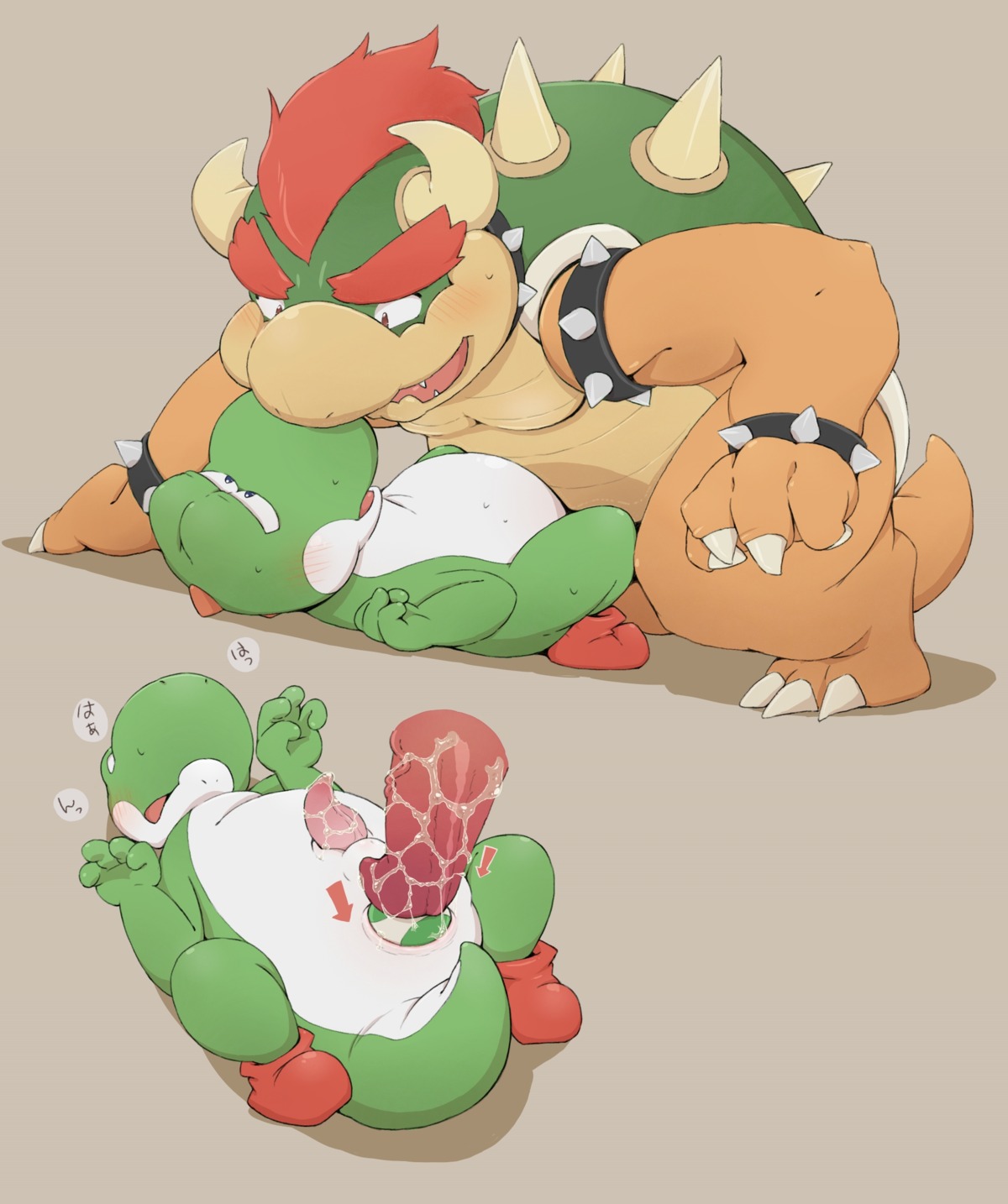 2_horns anthro anus balls blocked_egg blue_eyes blush bodily_fluids bowser brown_eyes claws clothing duo e621 egg egg_insertion egg_play erection eyebrows footwear forced forced_orgasm genital_fluids genitals green_yoshi hair hi_res horn japanese_text koopa lying male male/male mario_bros mostly_nude nintendo nude orgasm oviposition penis precum red_hair scalie shell shoes simple_background slightly_chubby spikes text translated vein wristband yonezmi yoshi yoshi_egg
