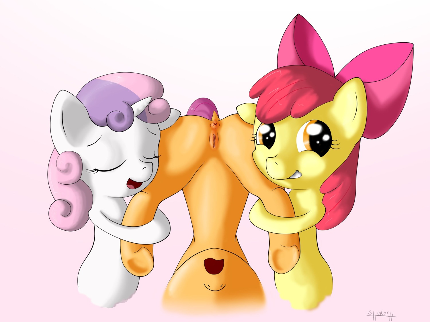 4:3 anus apple_bloom_(mlp) cutie_mark_crusaders_(mlp) e621 earth_pony equid equine female feral friendship_is_magic genitals group hasbro hi_res horn horse mammal my_little_pony mythological_creature mythological_equine mythology pony presenting scootaloo_(mlp) shoroch sweetie_belle_(mlp) unicorn upside_down vulva young young_feral