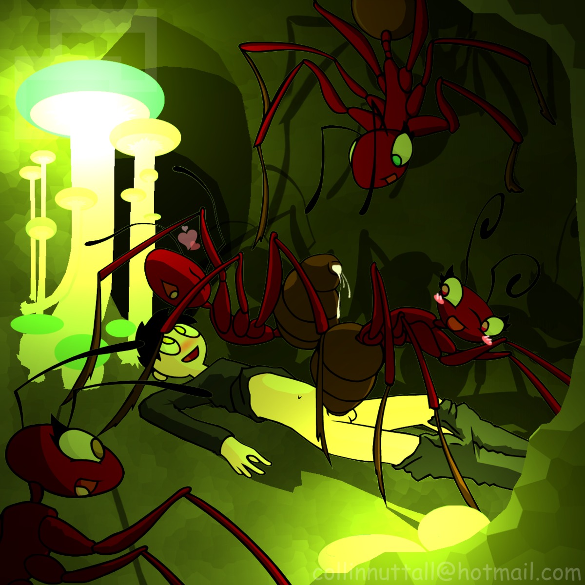 1:1 animal_genitalia ant antennae_(anatomy) arthropod arthropod_abdomen arthropod_abdomen_cloaca arthropod_abdomen_genitalia arthropod_abdomen_penetration arthropod_abdomen_vulva balls bioluminescence blush bodily_fluids cloaca cum cum_inside e621 female feral fungus gangbang genital_fluids genitals glowing green_eyes group group_sex heart_symbol hi_res human human_penetrating hymenopteran insect insectophilia interspecies male male/female mammal mushroom penetration red_eyes sex slushy underground vaginal vaginal_penetration vulva yellow_eyes